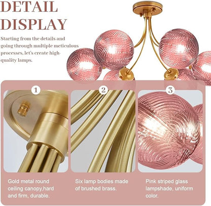 8-Light Sputnik Pink Chandelier Vintage Flush Mount Ceiling Light with Globe Glass Pendant Lights Gold Chandeliers for Dining Room Bedroom Living Room