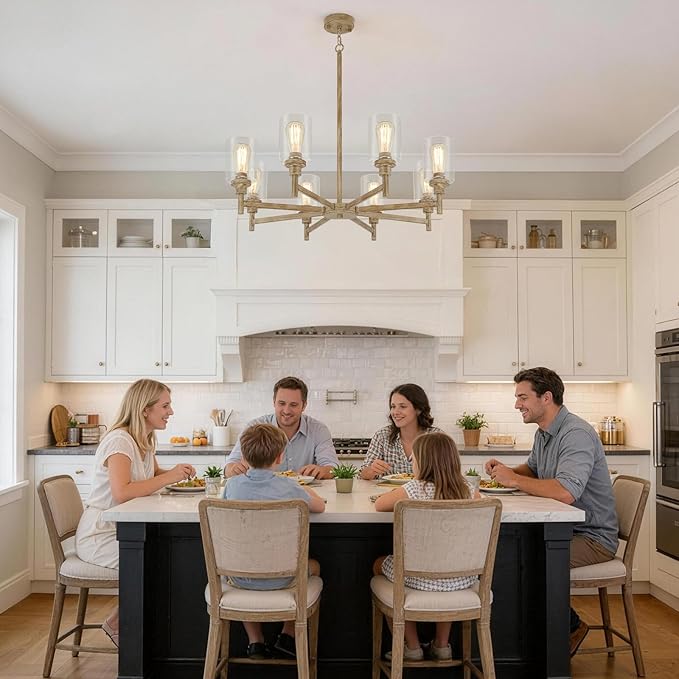 Farmhouse Chandeliers for Dining Room Light Fixture | 8 Light Rustic Chandeliers Over Table | Fake Wood Hanging Lighting with Clear Glass Cover for Living Room | Kitchen Island | Entryway | Bathroom