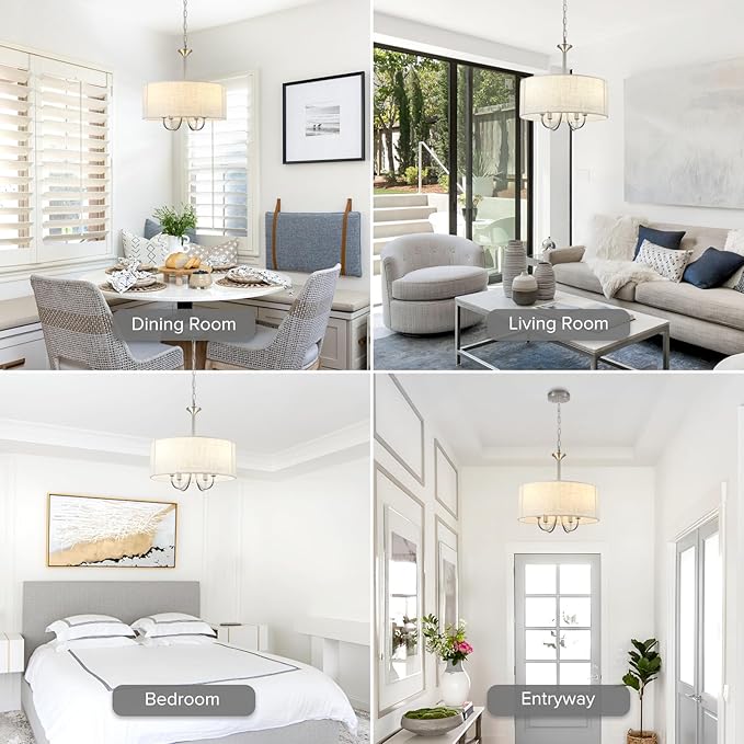 Drum Chandelier for Dining Room, 4-Light Modern Farmhouse Brushed Nickel Chandelier with Linen Drum Shade, 16" Hanging Pendant Ceiling Light Fixture for Kitchen Island Bedroom Living Room