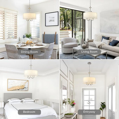 Drum Chandelier for Dining Room, 4-Light Modern Farmhouse Brushed Nickel Chandelier with Linen Drum Shade, 16" Hanging Pendant Ceiling Light Fixture for Kitchen Island Bedroom Living Room