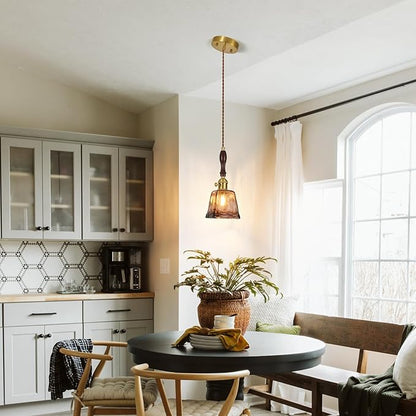 Amber Glass Vintage Pendant Light Height Adjustable Handmade Glass Pendant Lights Kitchen Island Gold Hanging Light Fixture with Wood Handle for Bedroom Dining Room Hotel (1 Pack)
