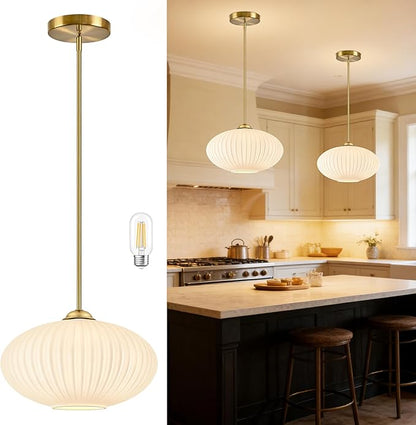 10" Milky White Glass Modern Pendant Light Kitchen Island Brushed Gold Mid Century Modern Pendant Lighting with Frosted Glass Hanging Pendants Light for Bedroom（Bulb Incl.）