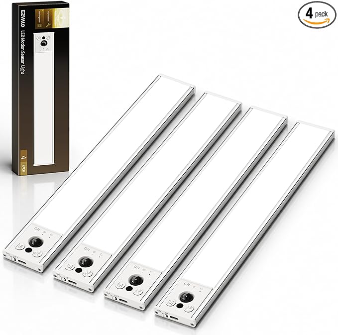 EZVALO 12-inch Under Cabinet Lighting, 3200mAh Rechargeable Motion Sensor Light Indoor, with Dimmable & 3 Color Temps, Magnetic Closet Lights, Wireless Under Counter Lights for Kitchen, Stairs(4-Pack)
