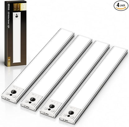 EZVALO 12-inch Under Cabinet Lighting, 3200mAh Rechargeable Motion Sensor Light Indoor, with Dimmable & 3 Color Temps, Magnetic Closet Lights, Wireless Under Counter Lights for Kitchen, Stairs(4-Pack)
