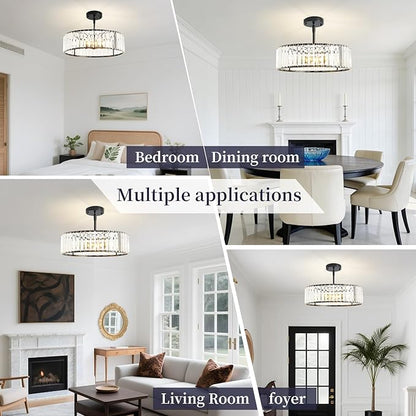 4-Light Black Crystal Chandelier for Dining Room,Modern Semi Flush Mount Ceiling Lighting Fixtures,Round Kitchen Hanging Drum Pendant Lights for Living Room Bedroom Foyer， 16 Inch