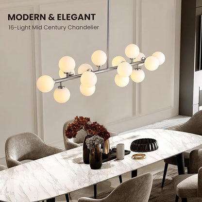 39'' Brushed Nickel and Milky White Mid Century Modern Pendant Lights Dimmable Glass Globe Sputnik Chandelier 16 Lights Linear Chandelier Light Fixtures for Kitchen Island Dining Room