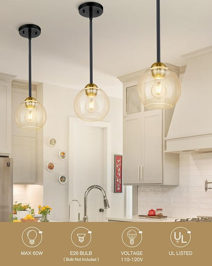 Emak Black and Gold Pendant Light, 7 Inch Globe Glass Pendant Lights Kitchen Island, Modern Hanging Lights for Kitchen, Bathroom, Dining Room, Bar, PL119-BKBGD