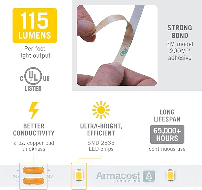 Armacost Lighting RibbonFlex Pro 24V White LED Strip Lights 30 LED/m, 2700K, 8.2 ft 134210