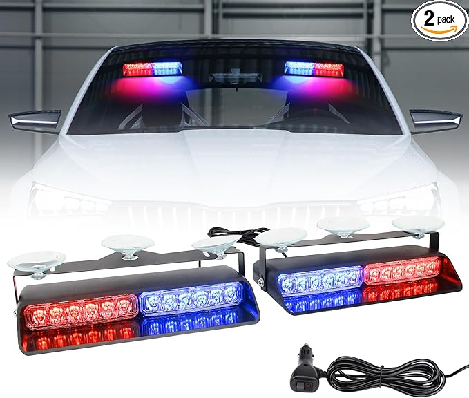 Red & Blue LED Windshield Dash Strobe Lights, 26 Modes 12/24V 2 x 8.4” Red Blue Warning Light, Emergency Traffic Advisor Front/Rear Window Dash Strobe Lights for Trucks Vehicles