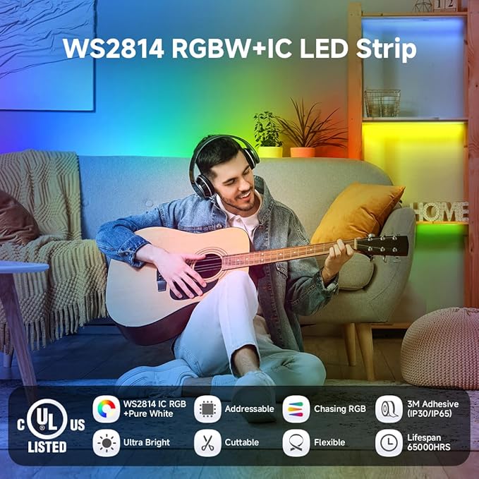 BTF-LIGHTING WS2814 IC RGBW RGB+Warm White(Similar WS2812B),Addressable DC24V 16.4FT 84LED/m 14pixel/m,UL Listed,4 Colors in 1 Dream Color LED Strip 12mm Width PCB IP65(No Adapter or Controller)