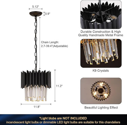 A AXILIXI Black Crystal Chandelier Small K9 Crystal Round Pendant Lights 11.8in Adjustable Modern Crystal Ceiling Pendant Light Fixture 3-Lights for Dining Room Living Room Kitchen Foyer Entryway