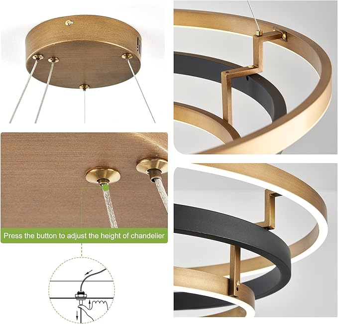 Benkut Modern LED Chandelier Black Gold Dimmable 3 Ring Pendant Light for Dining Room, Kitchen Chandelier Circular with Remote Control Flush Mount High Ceiling Light for Living Room, 3000K-6500K