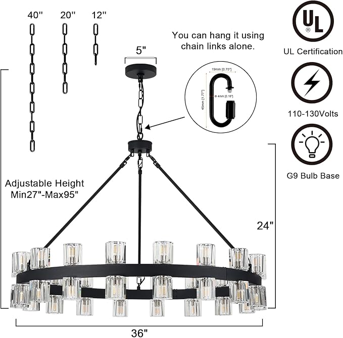 36 Inch Black Wagon Wheel Chandelier with 36 Lights Crystal Shade, Modern Farmhouse Round High Ceilings Pendant Light Fixture for Living/Dining Room, Kitchen, Bedroom, Foyer