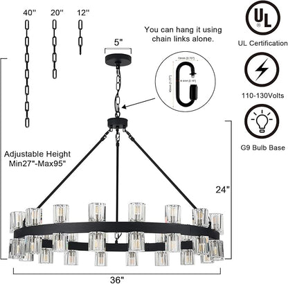 36 Inch Black Wagon Wheel Chandelier with 36 Lights Crystal Shade, Modern Farmhouse Round High Ceilings Pendant Light Fixture for Living/Dining Room, Kitchen, Bedroom, Foyer
