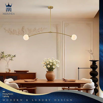 Mid Century Chandelier L45” Modern Gold Sputnik Light Fixture 2 Lights Milk Glass Globe Ceiling Pendant Lighting Contemporary for Kitchen Island Dining Room Home Office Bar