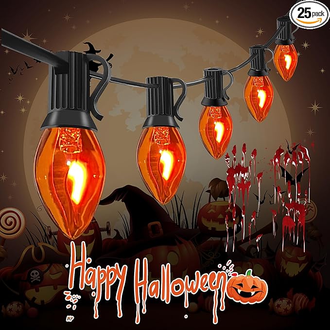 Abeja Orange Halloween Lights, 25FT Orange Flickering Lights String with 27 Flame Incandescent Blubs, Halloween Waterproof Flicker Lights for Spooky Thanksgiving Party Decor