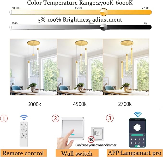 Led Crystal Column Chandelier for Dining Room 3-Light Gold LED Pendant Light for Kitchen Island Foyer Entryway Dimmable Hanging Pendant Lighting 2700K-6000K