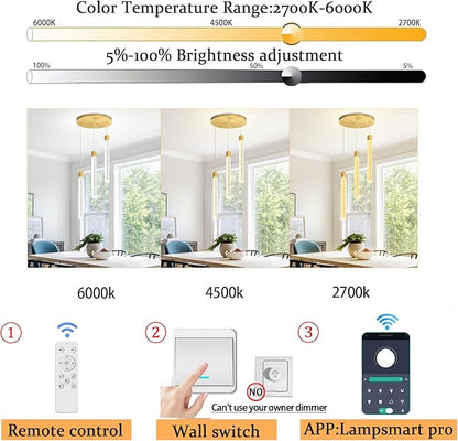 Led Crystal Column Chandelier for Dining Room 3-Light Gold LED Pendant Light for Kitchen Island Foyer Entryway Dimmable Hanging Pendant Lighting 2700K-6000K