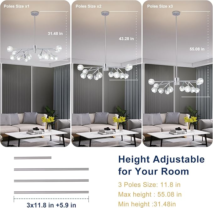Depuley Chandelier Ceiling Light Fixture: 12-Light Modern Sputnik Chandelier for Dining Room - Height Adjustable Mid Century Chrome Crystal Chandelier for Bedroom Living Room (Included G9 Bulbs)