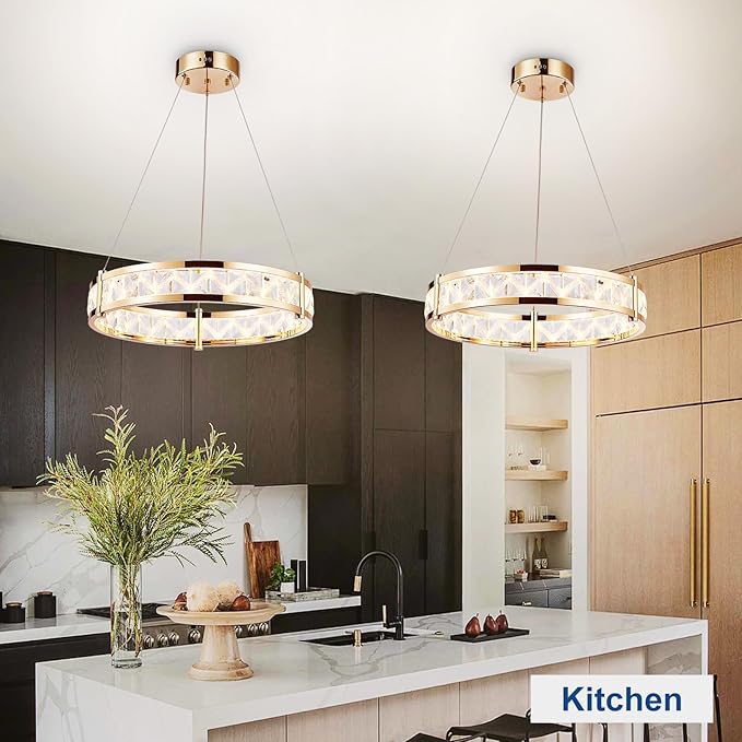 Depuley Modern LED Crystal Chandeliers: 19.7" Ring Chandelier Hanging Crystal Ceiling Light Fixture - 42W Adjustable Height Pendant Light for Living Room Dining Room Bedroom Foyer