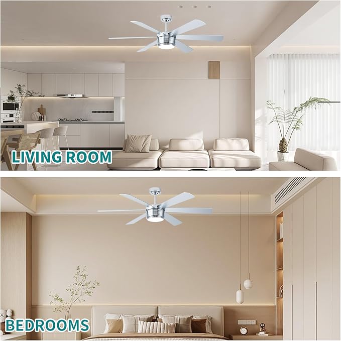 SHOWDI Ceiling Fan with Lights and Remote, 6 Blade App Control Timer Reversible Stepless Brightness and Color Temperature Outdoor Wood Ceiling Fan with Lights (Chrome, 56 Inch)