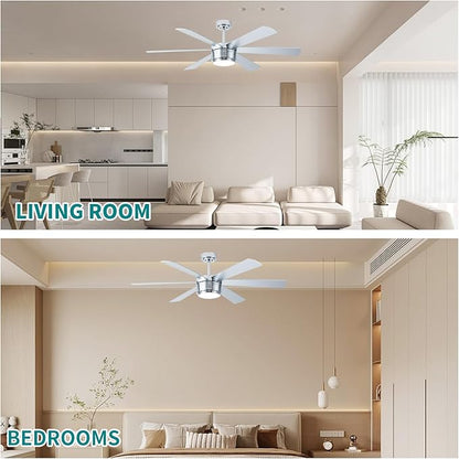 SHOWDI Ceiling Fan with Lights and Remote, 6 Blade App Control Timer Reversible Stepless Brightness and Color Temperature Outdoor Wood Ceiling Fan with Lights (Chrome, 56 Inch)