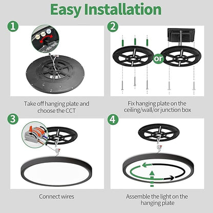 4PK 15.8 Inch Black LED Flush Mount Ceiling Light, 32W, 3480LM, 3000K/4000K/6000K CCT Selectable, Round Flat Panel Light Low Profile Ceiling Light Fitures for Hallway, Kitchen, Bedroom, Laundry Room