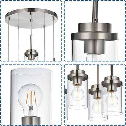 MELUCEE 5-Light Cluster Pendant Lights Stairwell Lighting Brushed Nickel Chandelier for Dining Room, Modern Kitchen Island Pendant Lighting Adjustable Hanging Ceiling Lamp with Clear Glass Shade