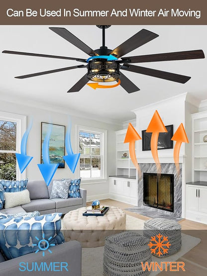 72 Inch Farmhouse Ceiling Fan with Lights and Remote Large Rustic Ceiling Fan Black Caged Fandelier Industrial Chandelier Light, Reversible Quiet DC Motor 6 Speed for Indoor Outdoor