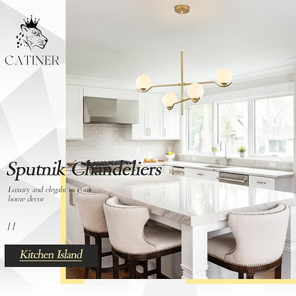 CATINER 4 Lights Modern Gold Sputnik Chandelier, L31 '' Large Mid Century Long Ceiling Pendant Light Fixtures with Milk Glass Globe Shades for High Ceiling Living Room Foyer Dining Room Bedroom