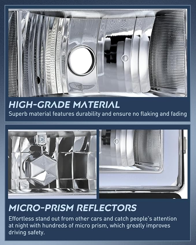 Nilight DRL Headlight Assembly Compatible with 1988 1989 1990 1991 1992 1993 1994 1995 1996 1997 1998 Chevrolet GMC C10 C/K 1988-1999 Silverado Suburban Sierra Blazer Tahoe Yukon Chrome Housing