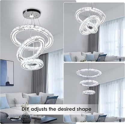 Modern Crystal Chandeliers DIY 3 Rings Dimmable Ceiling Light Fixture LED Pendant Lamp for Kitchen Dining Room Living Room Bedroom 180mm Base 153 Crystals (Dimmable)