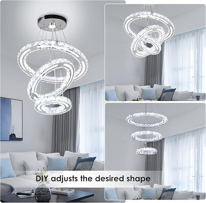 Chandeliers Modern Ceiling LED Fixture 3 Rings Adjustable Crystal Light Fixture Ceiling Hanging Pendant Light for Living Room Dining Bedrooms Hall 180mm Base 153 Crystals（White Light）