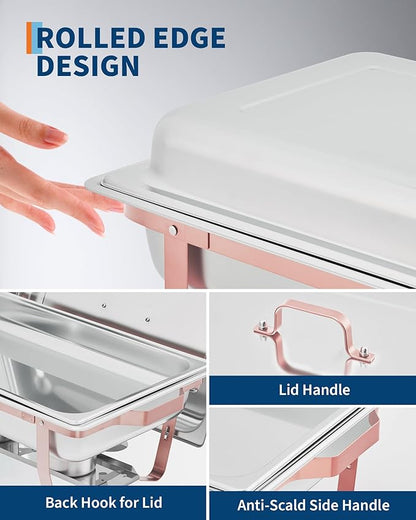Garvee Chafing Dishes for Buffet Set of 6, 8QT Buffet Servers and Warmers Set with Lid & Foldable Frame, Rectangular Stainless Steel Chafer Food Warmer for Parties Wedding Catering Supplies, Rose Gold
