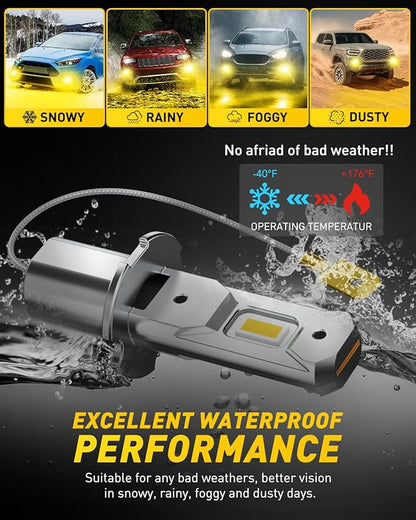 AUXITO H3 LED Bulb Yellow 3000K, 16,000LM 600% Super Brighter, 10 Years Lifespan, 1:1 Size Plug-n-Play, 100% Perfect Installation, H3 LED Fog Lighr Bulb for Fog Lamp, DRL, Canbus Ready, Pack of 2