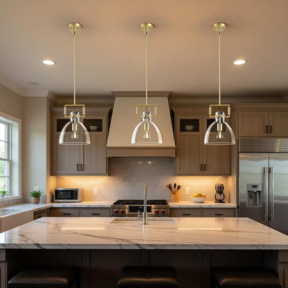 Mondern Large Gold Kitchen Island Pendant Light, 10 '' W 1-Light Glass and Brass Island Pendant Lights,Dome Pendant Light, for Kitchen,Dining Room,Bathroom,Bar