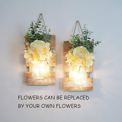 Mason Jar Wall Sconces, Rustic Brown Wall Hanging Decor, LED Fairy Lights with Automatic On and Off 6-Hour Timer (Set of 2),Brown