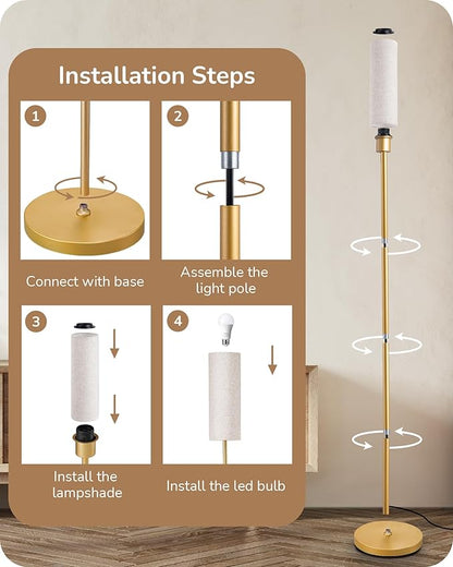 EDISHINE Floor Lamps for Living Room, 63.7in Minimalist Standing Lamp with Foot Pedal Switch, Modern Floor Lamp for Bedroom, Office, Nursery, 3 Color Temperature, 9W Bulb Included, Gold