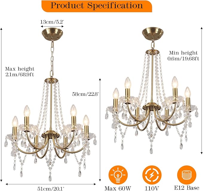 Crystal Gold Chandeliers for Dining Room, Modern Candle Crystal Brass Chandelier Light Fixture, Vintage Pendant Light for Living Room Bedroom Bathroom Entryway Hallway E12 Bulbs D19 in x H24 in