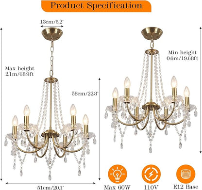 Crystal Gold Chandeliers for Dining Room, Modern Candle Crystal Brass Chandelier Light Fixture, Vintage Pendant Light for Living Room Bedroom Bathroom Entryway Hallway E12 Bulbs D19 in x H24 in