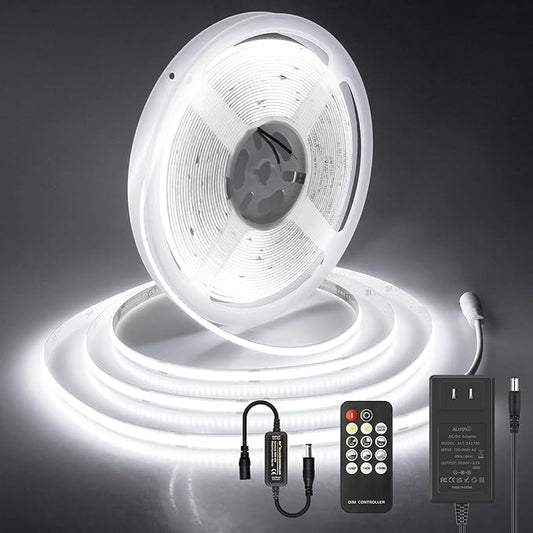 ALITOVE 32.8ft COB Led Strip Light White 6500K Super Bright 24V LED Rope Lights with Remote Dimmable 3200LEDs CRI90+ Uniform Glow LED Tape Light for Mirror Under Cabinet Living Room Study Wardrobe