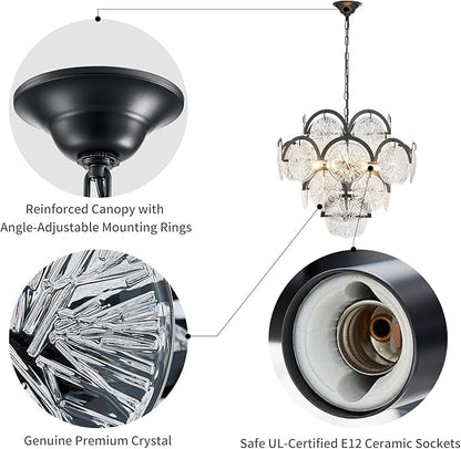 WUZUPS 6-Light Round Crystal Chandelier Pendant Ceiling Light Modern Lighting Fixture for Bedroom Hallway Bar Kitchen Bathroom, H 17.3" W 22.8", E12 Base, Black