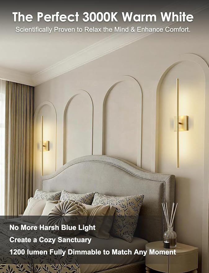 KARTOOSH 27.8 Inch Hardwired Wall Sconces Set of Two, 3000K Warm White Dimmable Modern Wall Sconces, 350° Rotate LED Light Fixtures Wall Lamp for Bathroom Living Room Bedroom Bedside, Gold
