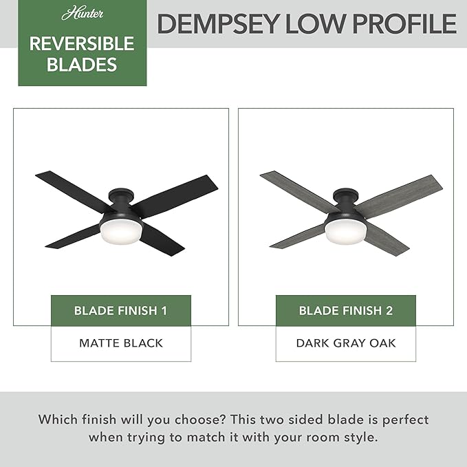 Hunter 52 inch Indoor Ceiling Fan with LED Light and Remote Control - Black Modern Ceiling Fan, Low Profile Mount, 4 Blades, for Bedroom, Living Room, or Kitchen, Quiet - Dempsey 52389, Matte Black