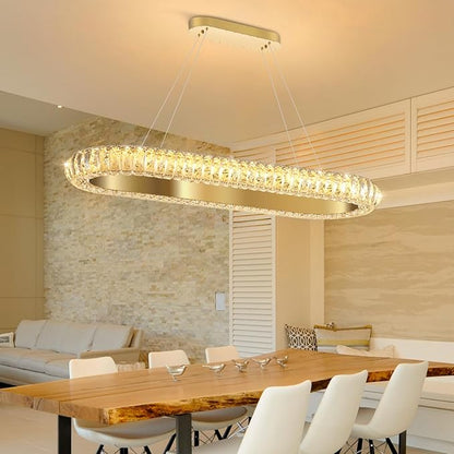 32'' Oval Ring Crystal Chandelier Modern LED Dimmable Ring Pendant Light Chandelier for Dining Room Living Room Gold