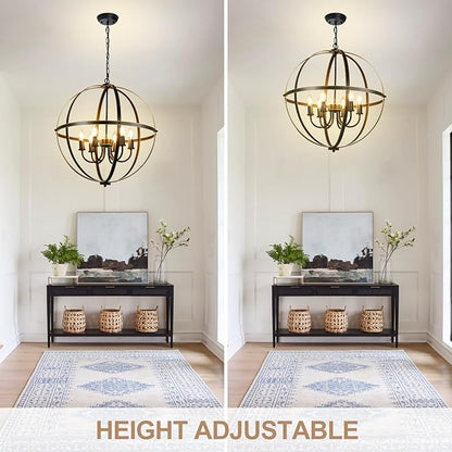 DLLT 6-Light Orb Chandelier, Black and Gold Globe Pendant Lights, Industrial Sphere Pendant Lighting Over Island, Adjustable Hanging Light with Metal Cage for Dining Room Foyer, E12 Bulbs Not Included