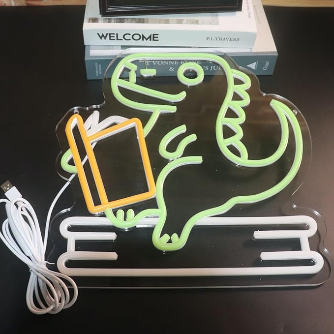 Reading Dinosaur Neon Sign, Book Lover Led Neon Light, Bookish LED Sign, Bookworm Reading Club Light, Kid's Room Decor, Game Room Wall Art, Christmas & Birthday Gifts