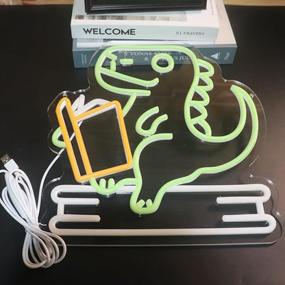 Reading Dinosaur Neon Sign, Book Lover Led Neon Light, Bookish LED Sign, Bookworm Reading Club Light, Kid's Room Decor, Game Room Wall Art, Christmas & Birthday Gifts