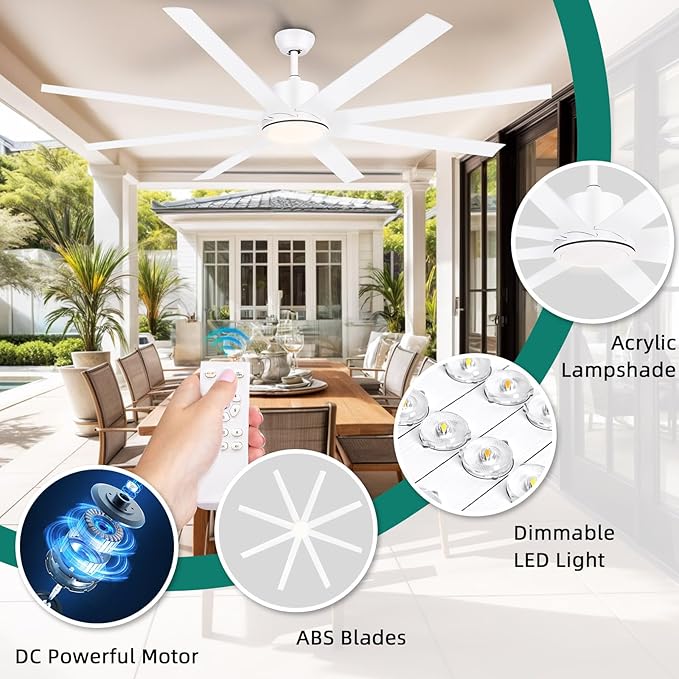 YITAHOME 72 Inch Ceiling Fans with Lights and Remote Control for Indoor, Reversible Quiet DC Motor, 8 Blades with 6 Speed, Modern Ceiling Fans for Living Room -White