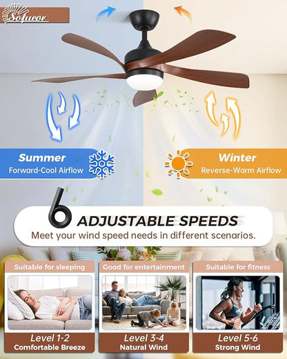 Sofucor 45 Inch Ceiling Fan with Lights and Remote, Indoor/Outdoor Ceiling Fan with Light 6-Speed 3 CCT 3-Timer, Low Profile Ceiling Fan 5 Blade Quiet DC Motor for Bedroom Living Room Patio